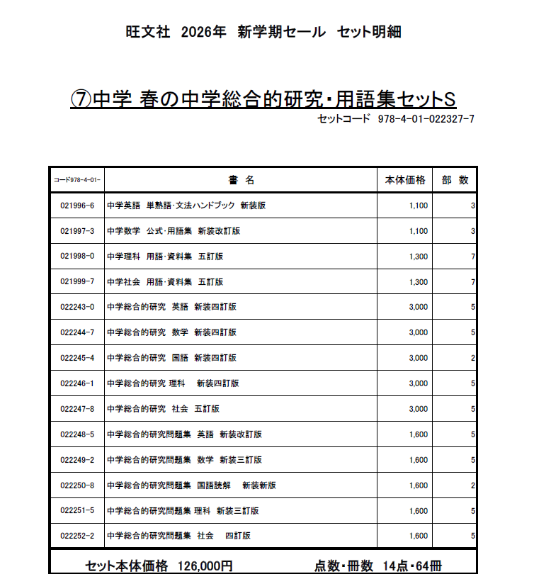26新学期／中学学参_⑦春の中学総合的研究・用語集セットSABC